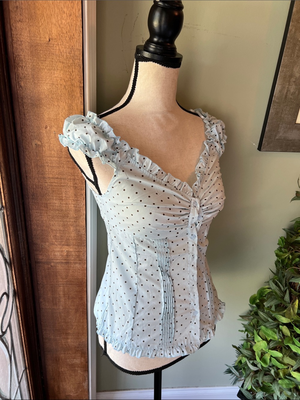 Light Blue Polka Dot Ruffle Button-Up Tank - Picture 2 of 7